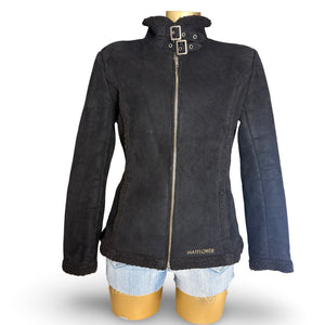 Black inside fleece faux fur suede tight fit jacket (M)