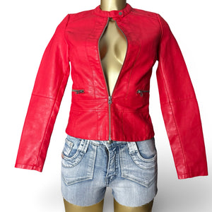 Red pvc leather tight fit biker jacket (XS)