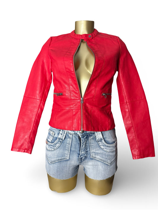 Red pvc leather tight fit biker jacket (XS)