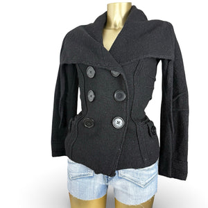 Black 100% wool large neck tight fit trench coat (S)