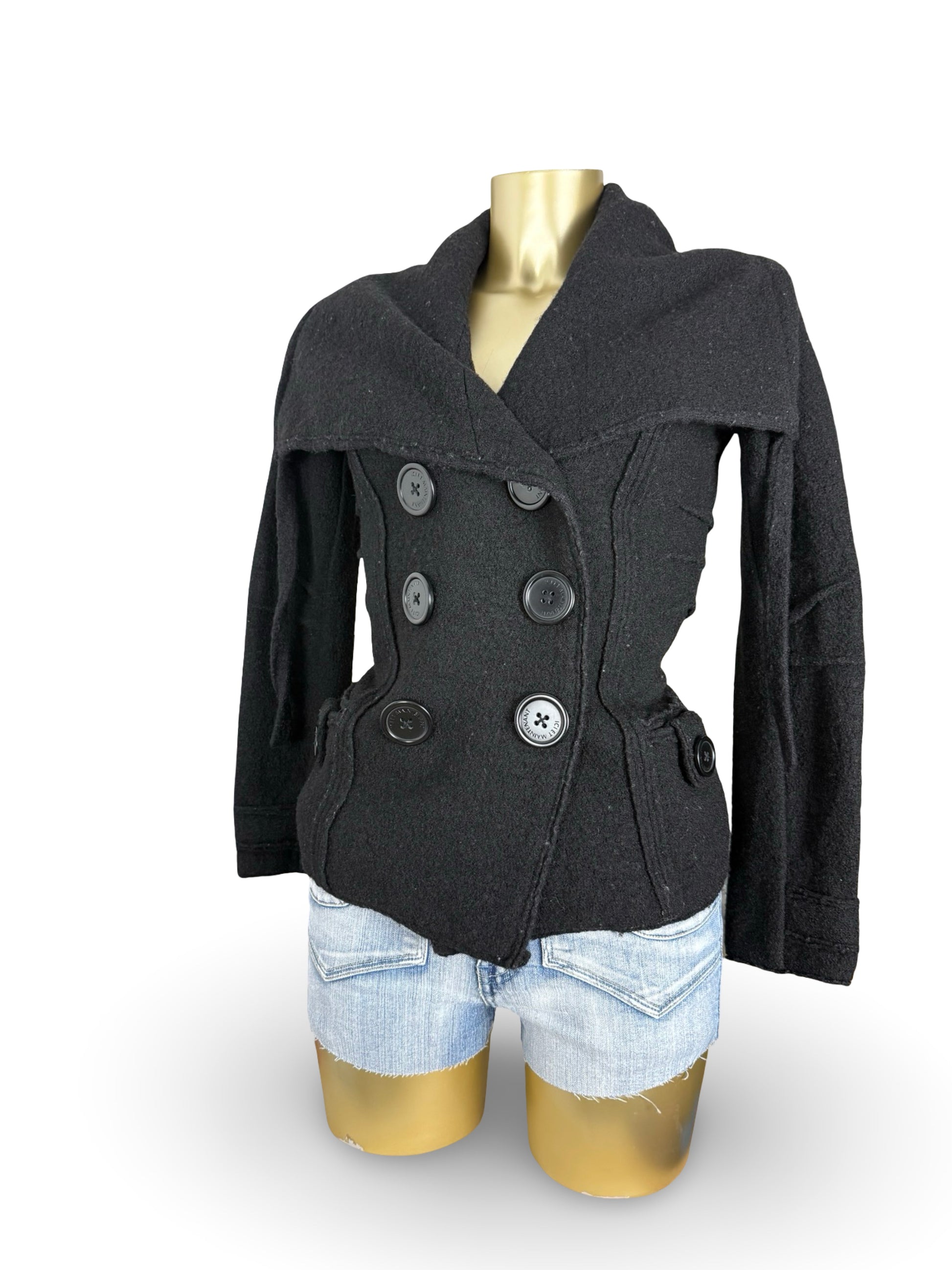 Black 100% wool large neck tight fit trench coat (S)