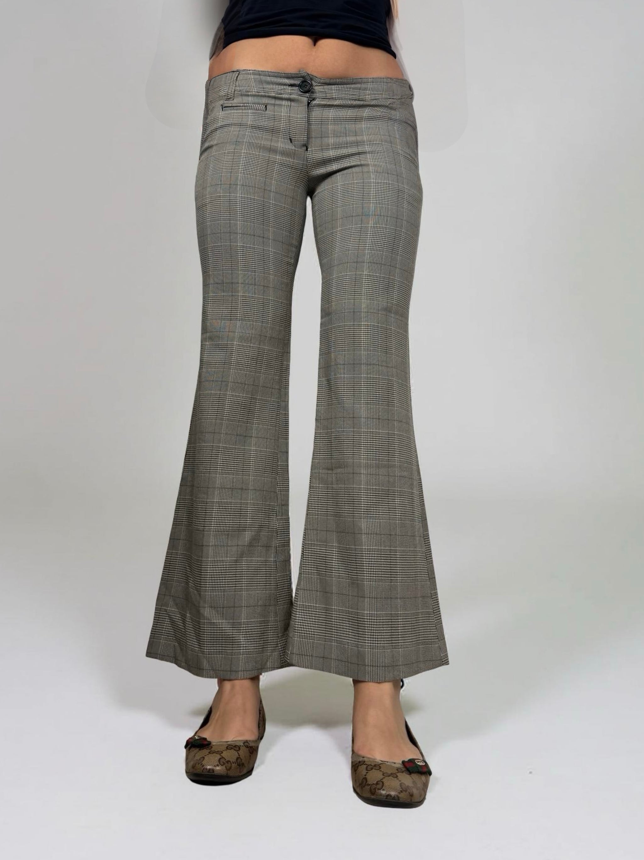 Grey check print low waist office flare pants (XS/S)