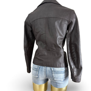 Brown real leather zip up tight fit biker jacket (XS)