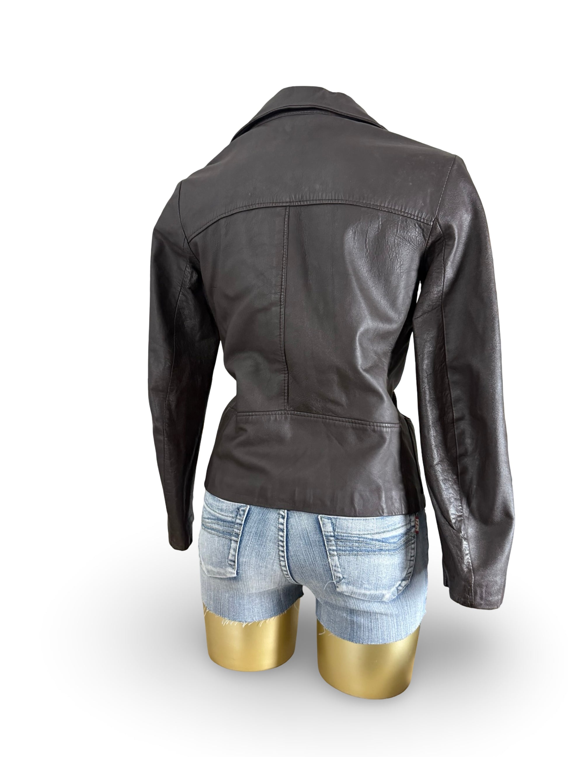 Brown real leather zip up tight fit biker jacket (XS)