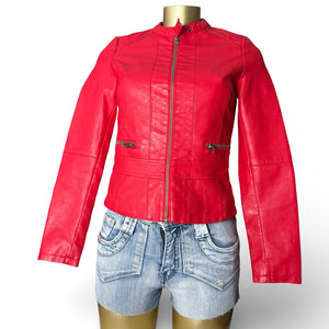 Red pvc leather tight fit biker jacket (XS)