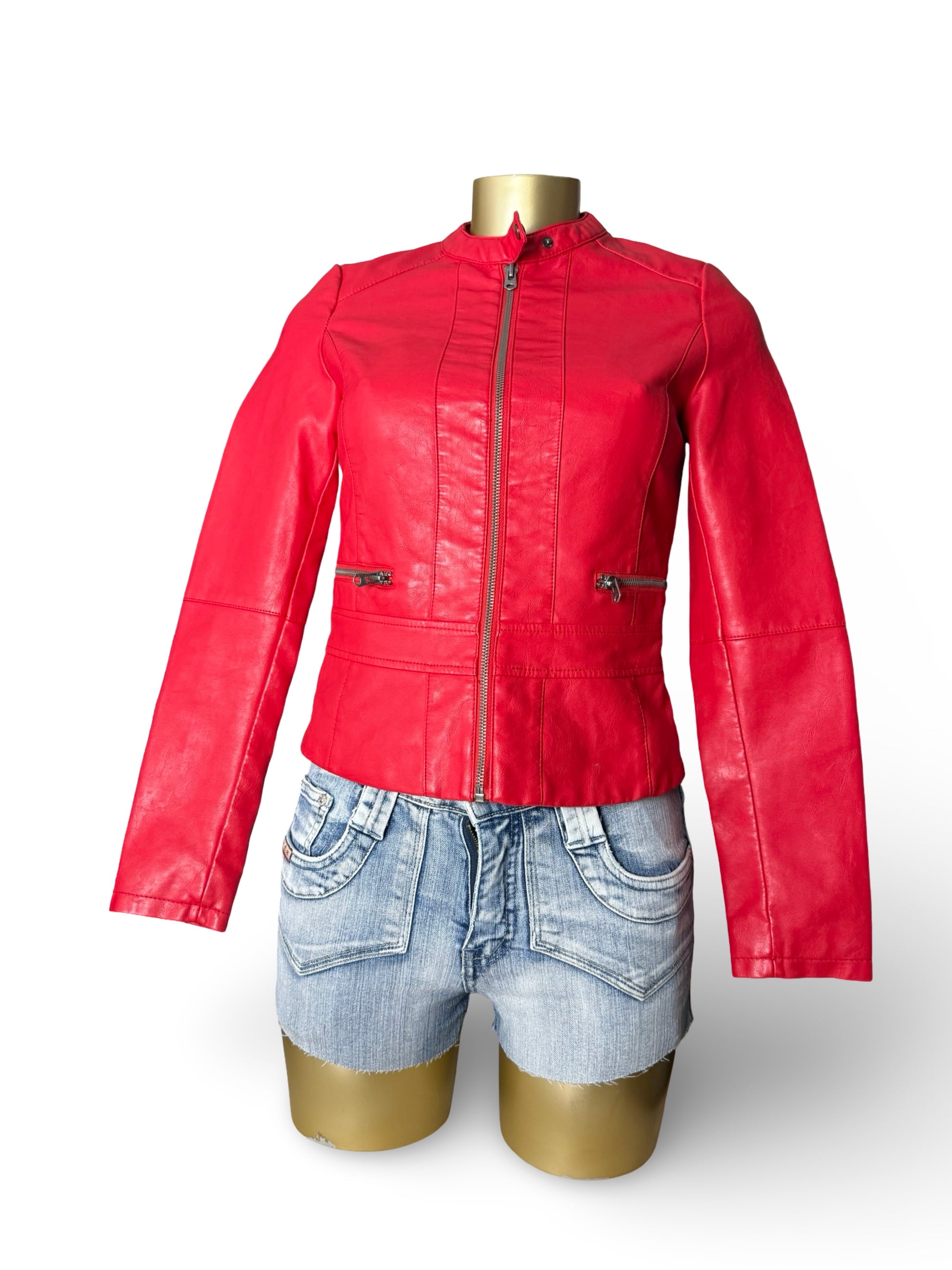 Red pvc leather tight fit biker jacket (XS)