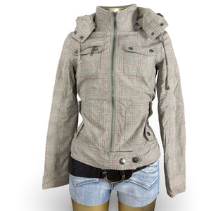 Khaki check print hooded zip up tight fit biker jacket (M)