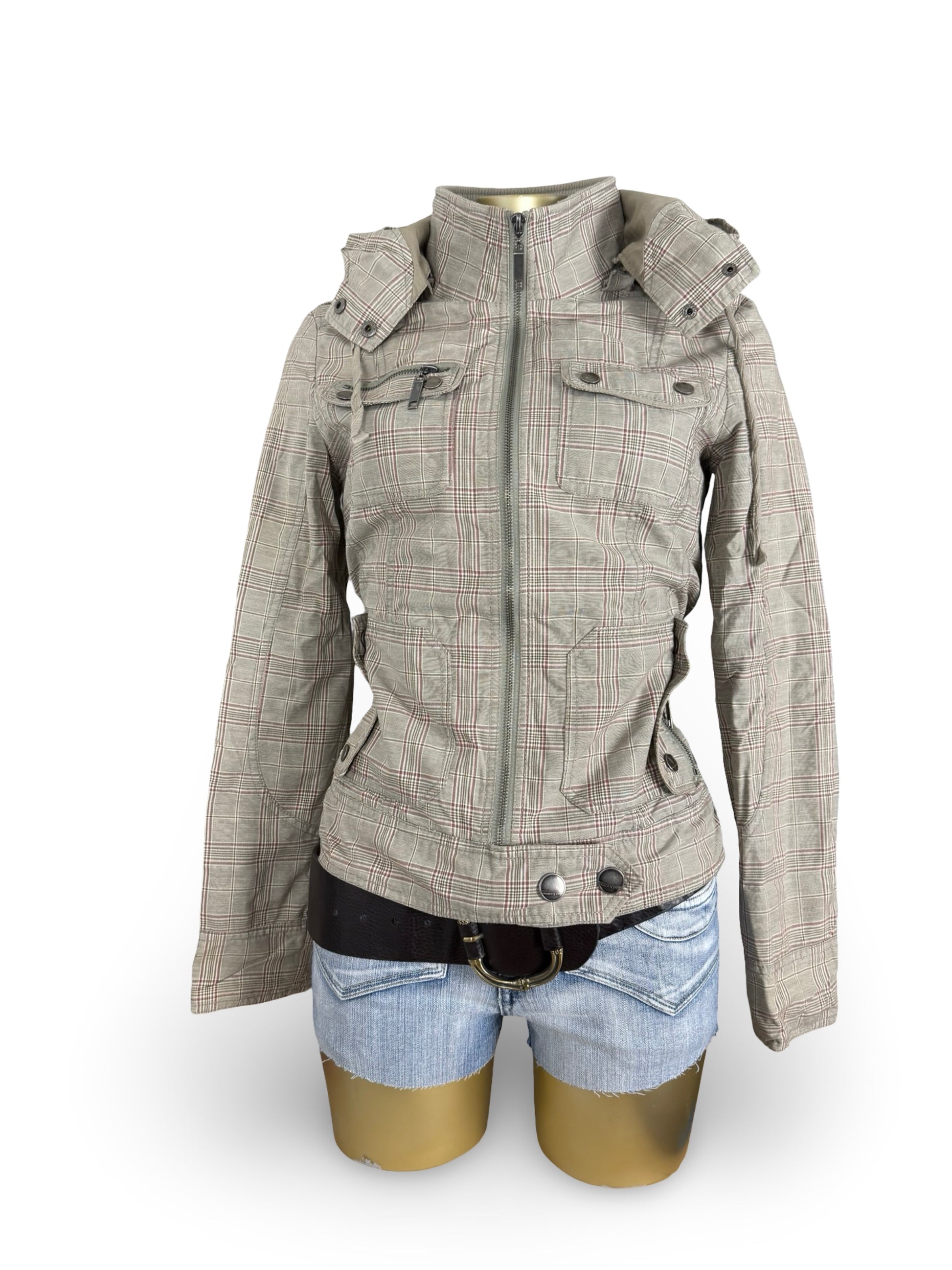 Khaki check print hooded zip up tight fit biker jacket (M)