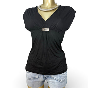 Black tight fit V neck rhinestones tee (S)