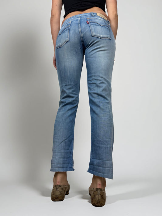 Blue denim low rise straight legs pants (S)
