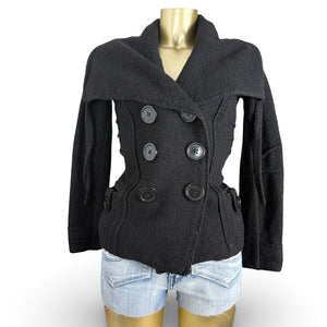 Black 100% wool large neck tight fit trench coat (S)