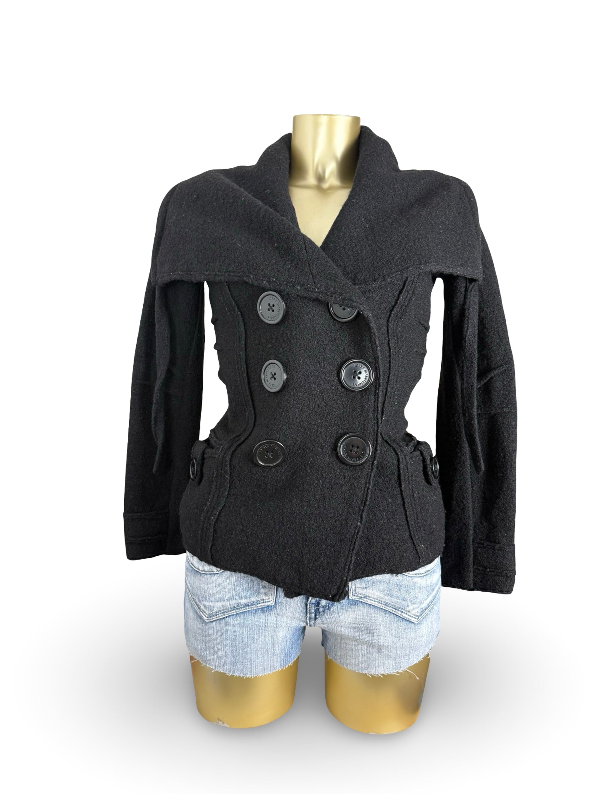 Black 100% wool large neck tight fit trench coat (S)