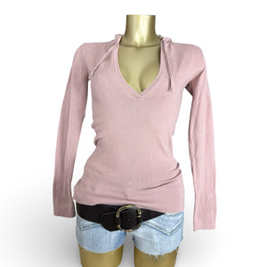 Pink V neck tight fit hooded jumper (XS/S)