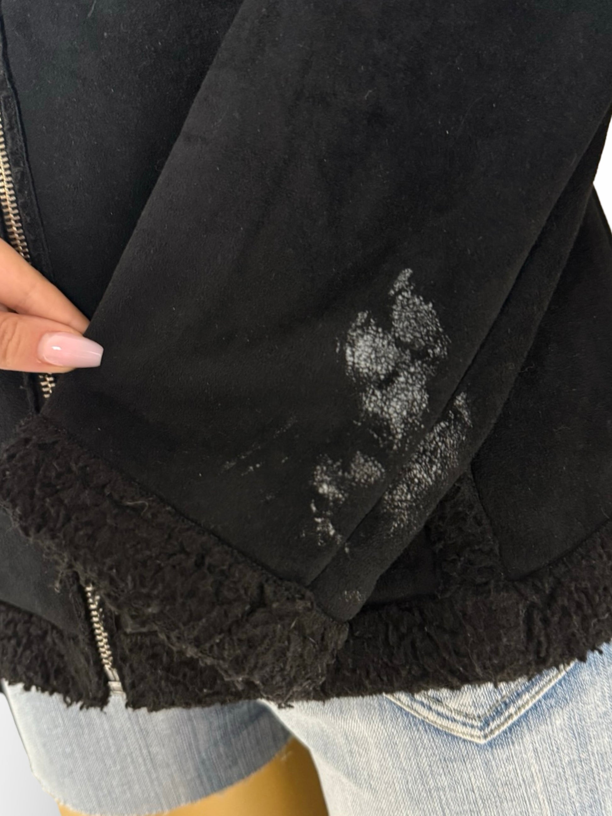 Black inside fleece faux fur suede tight fit jacket (M)