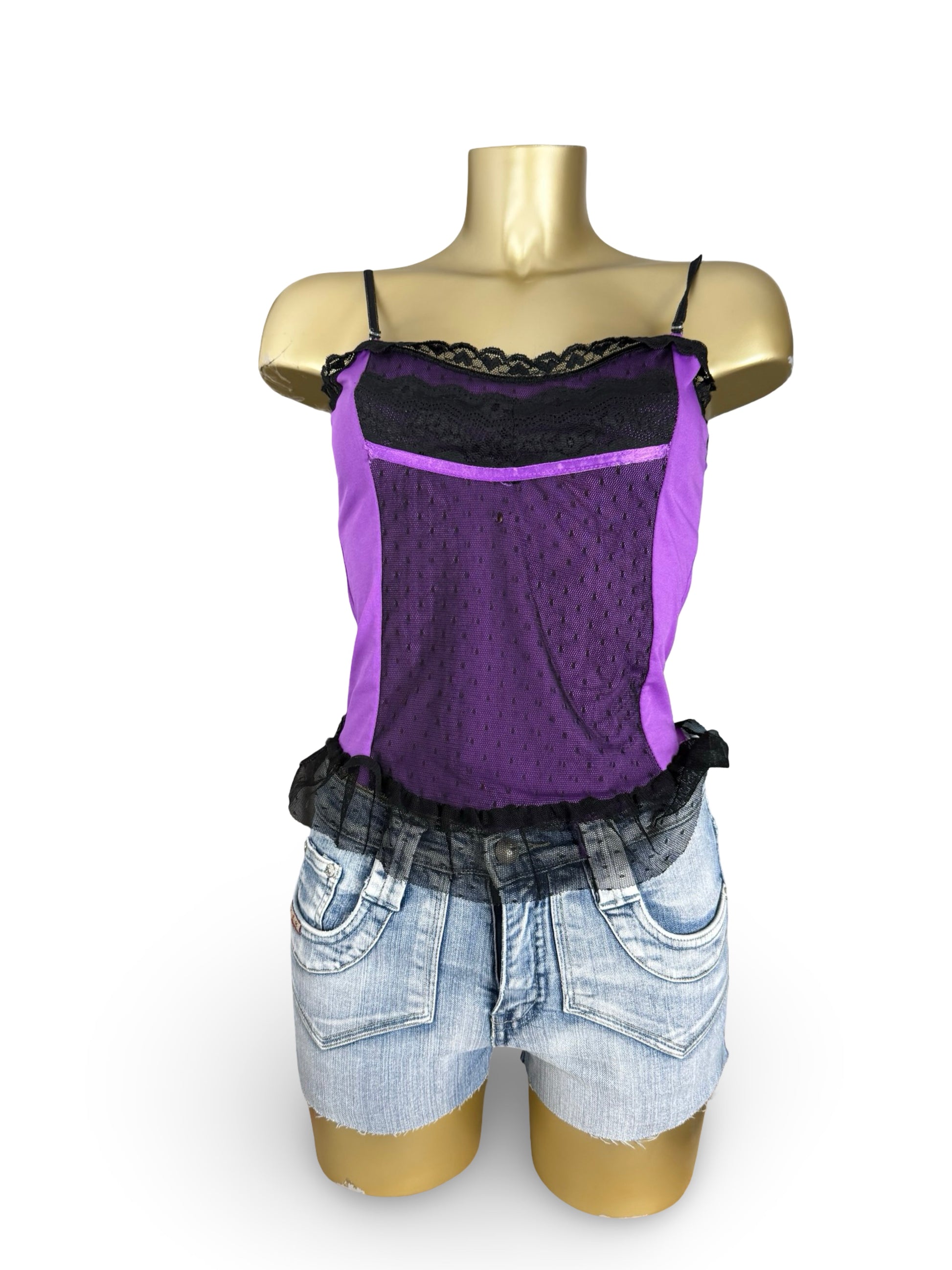 Purple lace lycra babydoll tight fit cami top (L)