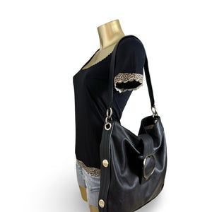 Black pvc leather gold buckle besace shoulder bag (30x32cm)