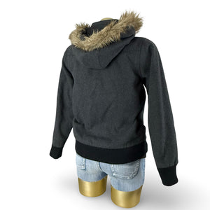 Grey faux fur hooded tight fit jacket (S)