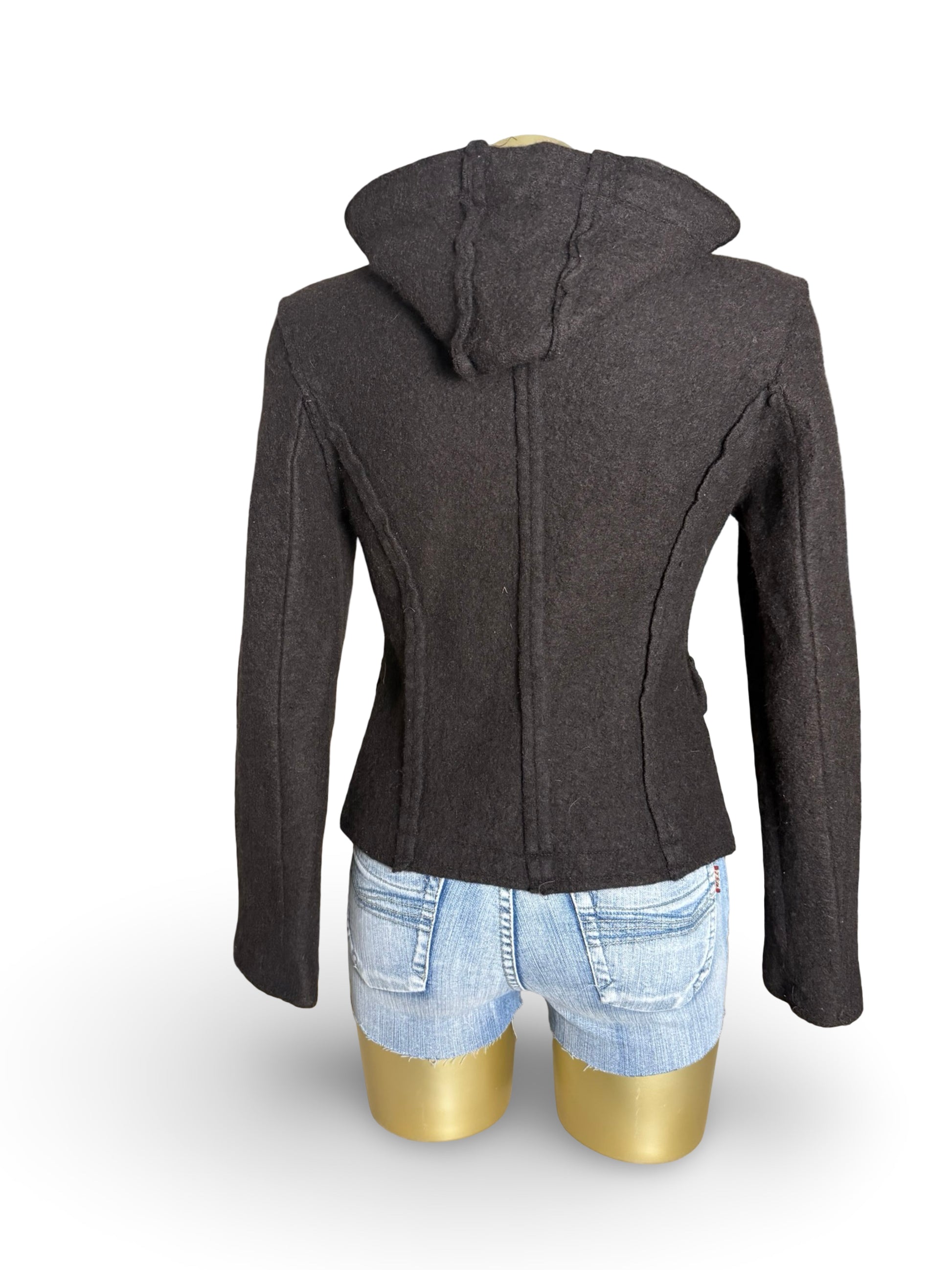 Brown hooded 100% wool tight fit jacket (S)