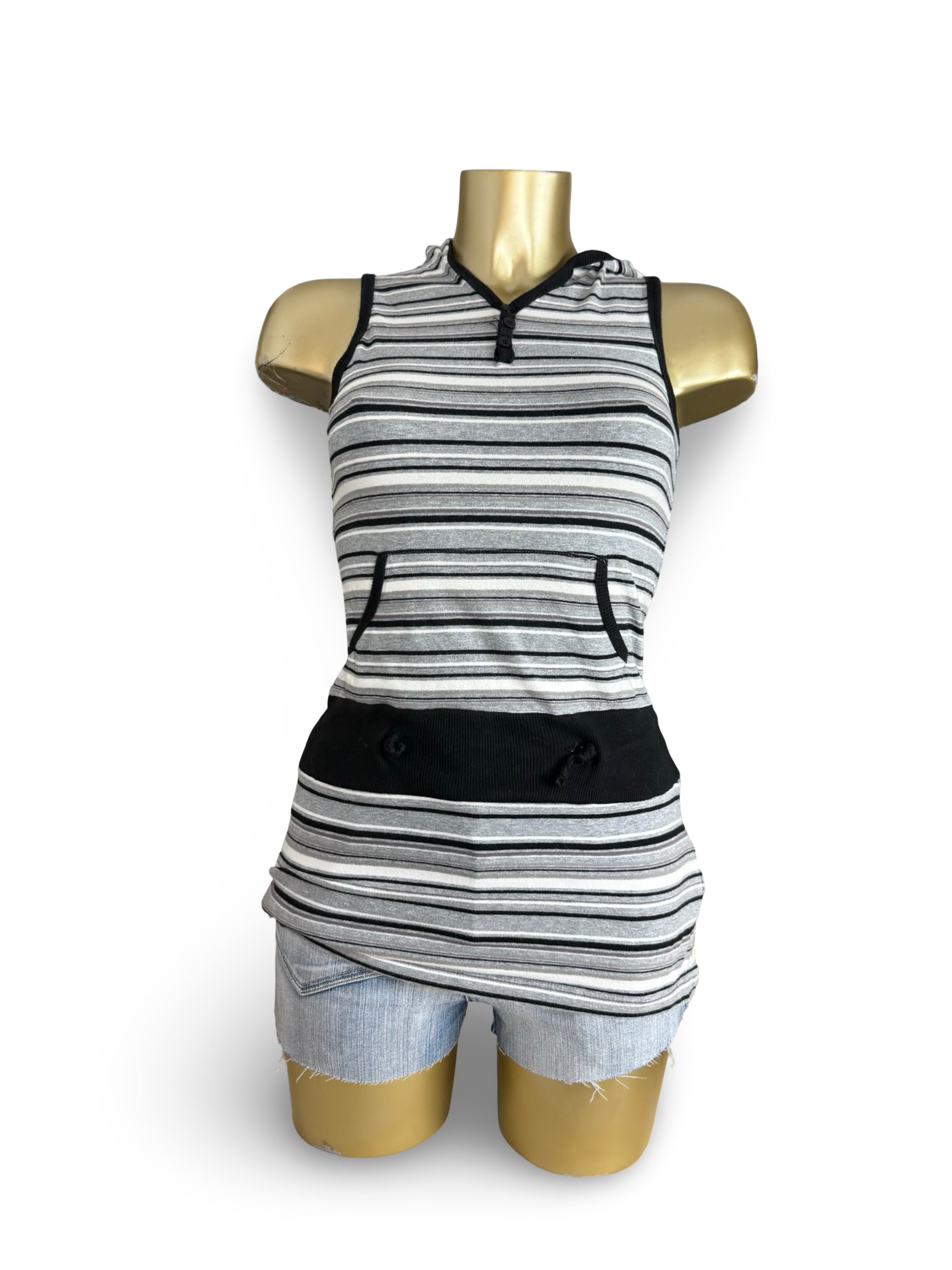 Grey & black striped hooded top (XS)
