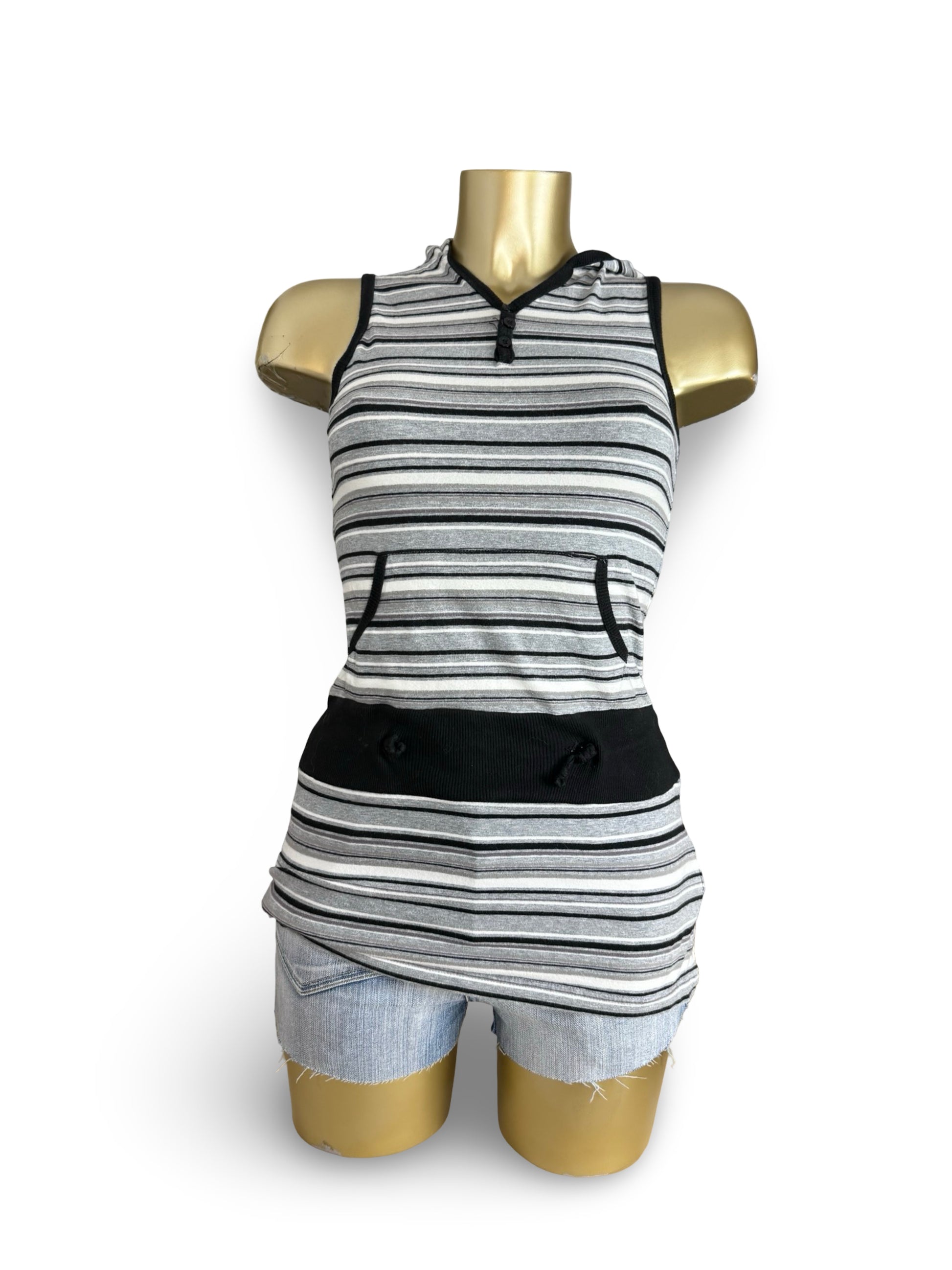 Grey & black striped coton hooded top (XS)