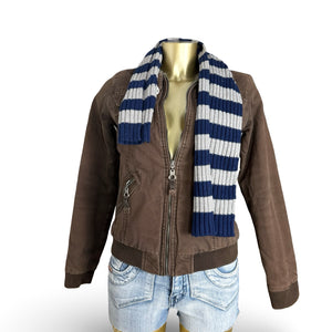 Navy & grey striped ribbed winter scarf