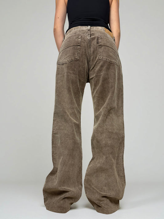 Beige ribbed velvet denim low rise baggy pants (XL)