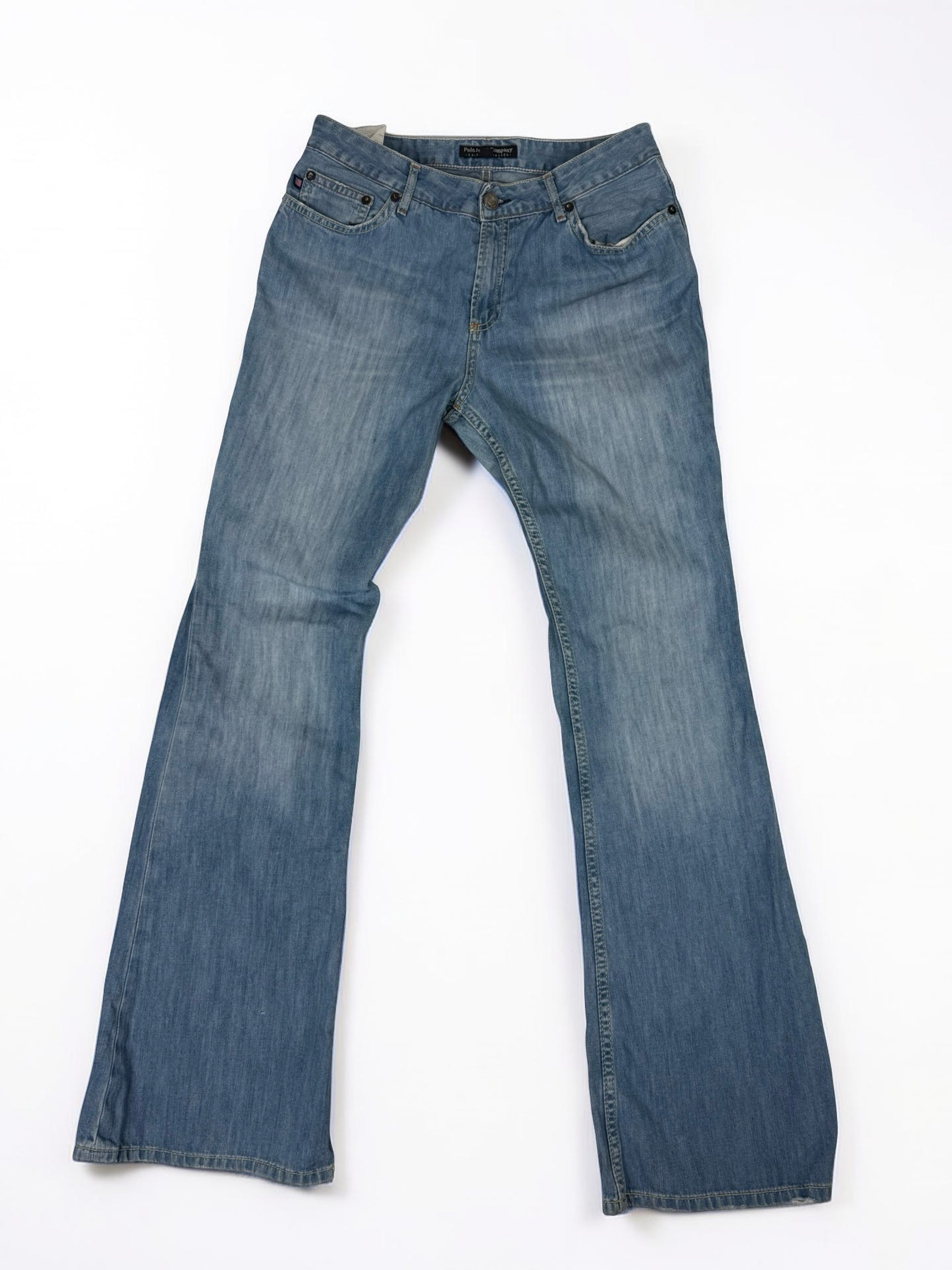 Blue denim cotton low rise flare bootcut pants (S)