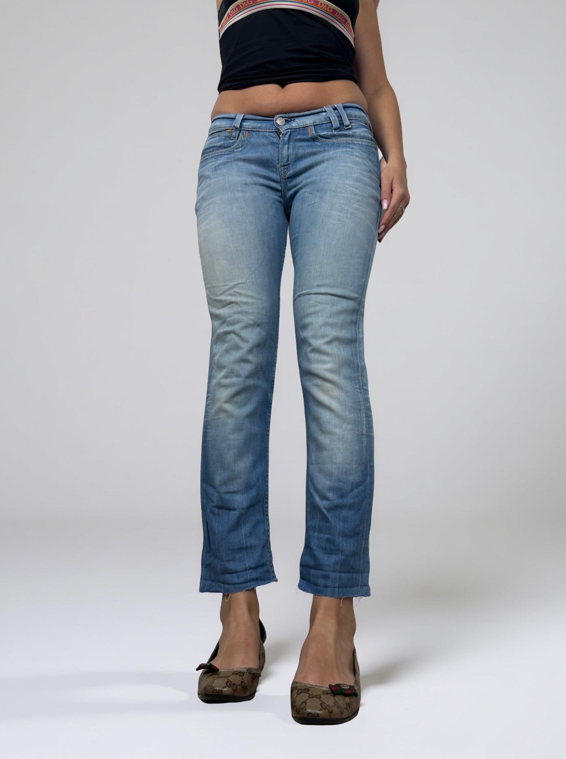 Blue denim low rise straight legs pants (S)