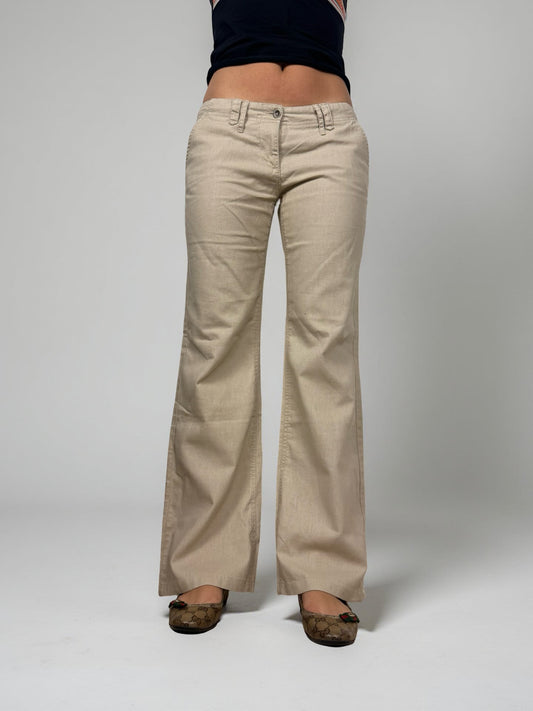 Beige linen low rise flare pants (M)