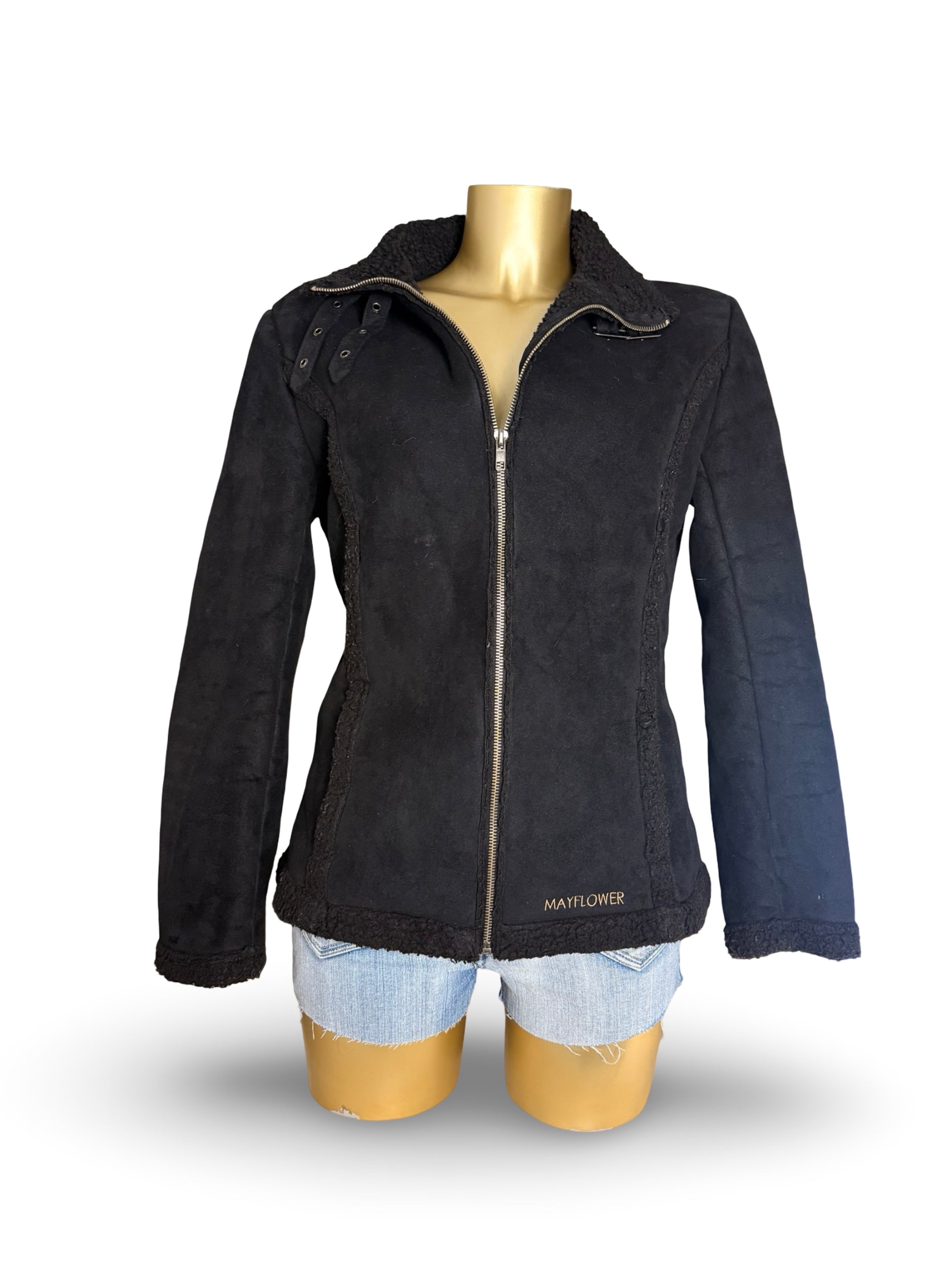 Black inside fleece faux fur suede tight fit jacket (M)