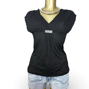 Black tight fit V neck rhinestones tee (S)