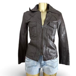 Brown real leather zip up tight fit biker jacket (XS)