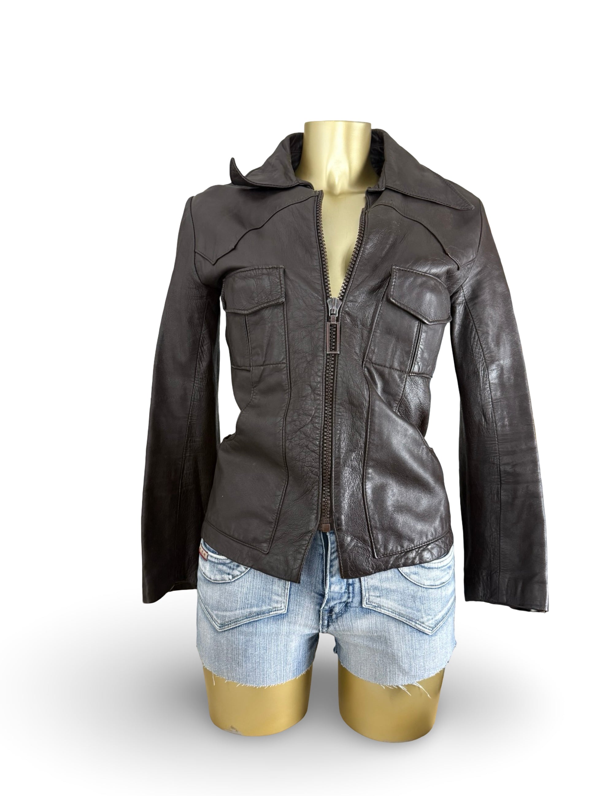 Brown real leather zip up tight fit biker jacket (XS)