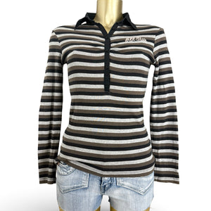 Beige striped cotton polo long sleeves top (S/M)