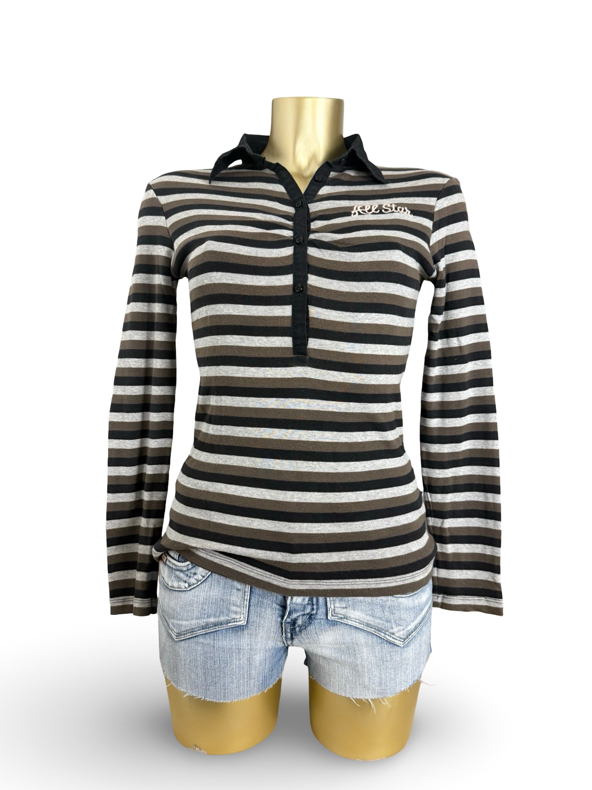 Beige striped cotton polo long sleeves top (S/M)