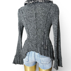 Grey zip up embroidered wool cardigan jacket (S/M)