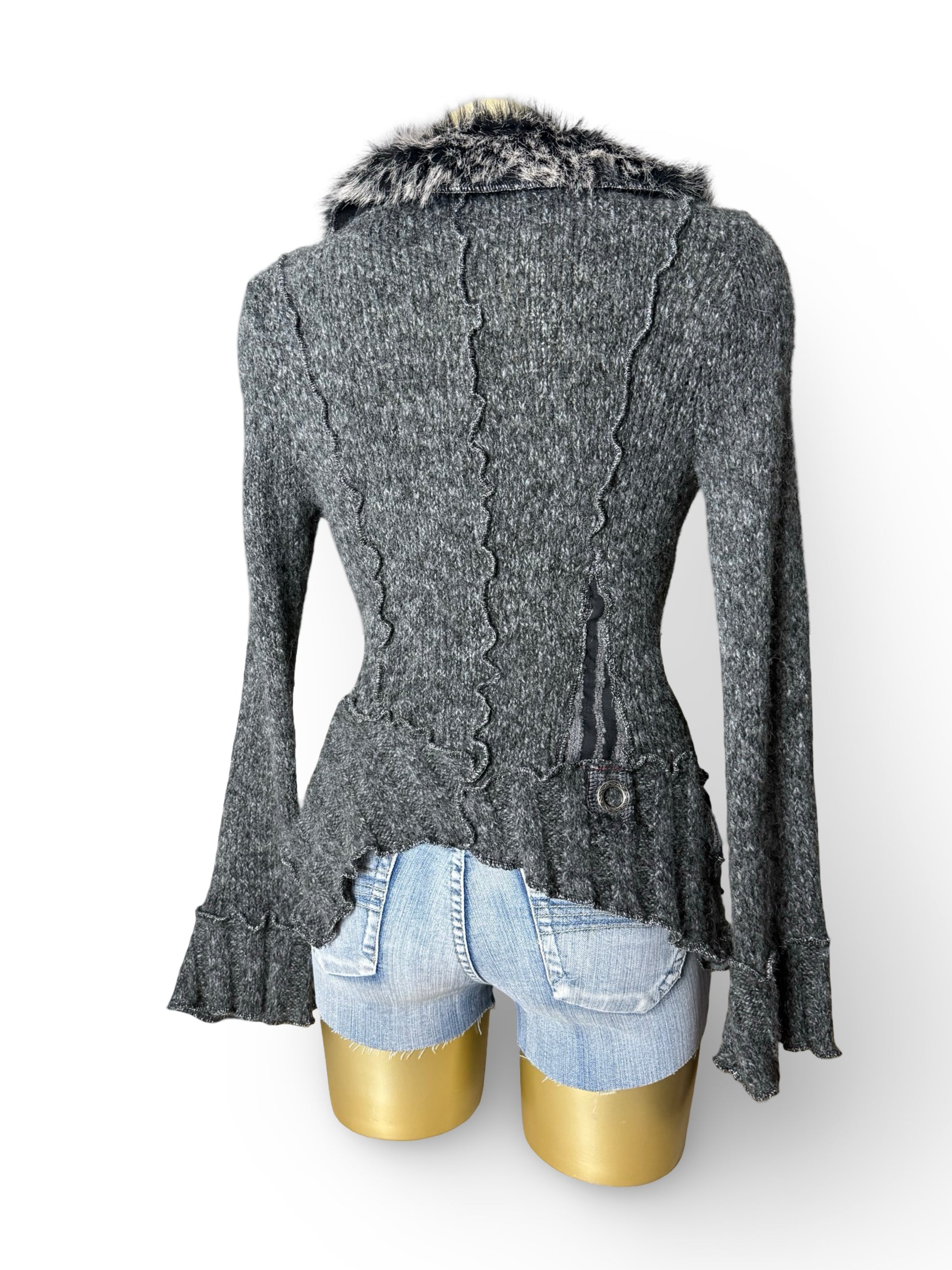 Grey zip up embroidered wool cardigan jacket (S/M)