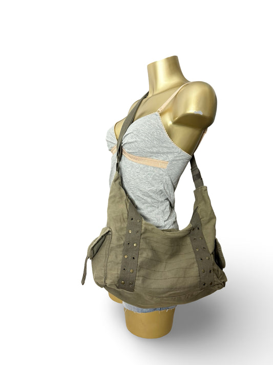 Khaki besace cotton shoulder bag (38x17cm)