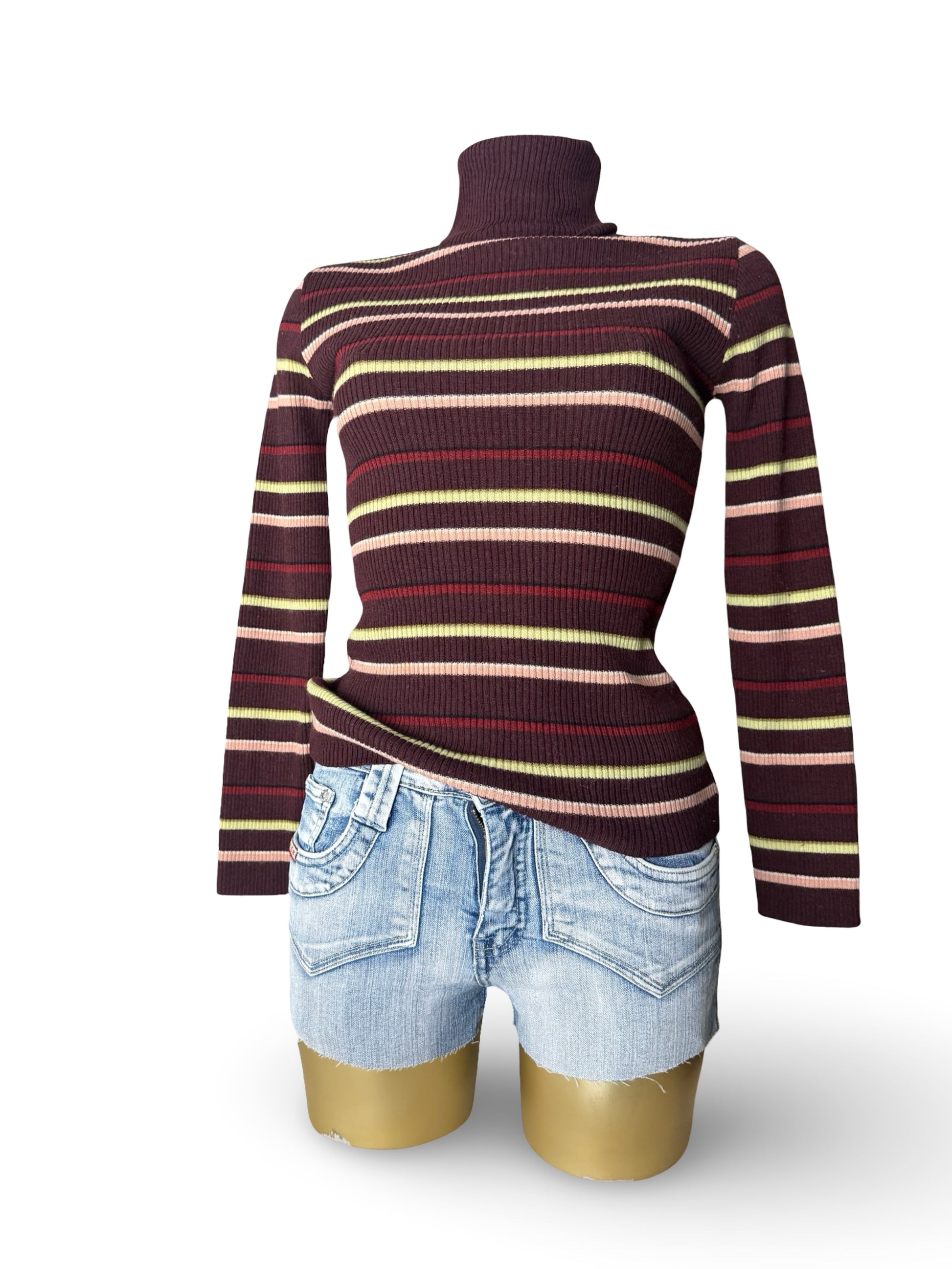 Purple striped stretchy turtleneck wool  jumper (S/M)