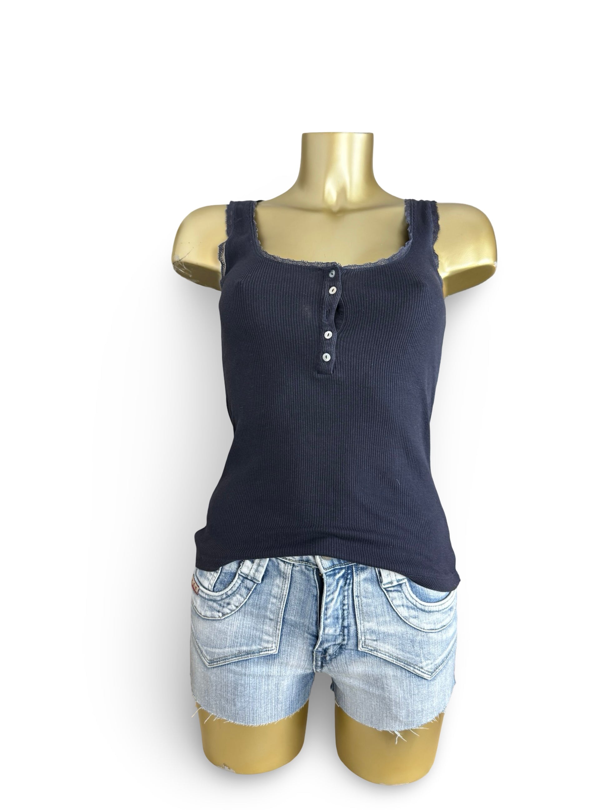 Navy ribbed tight fit cotton top (S)