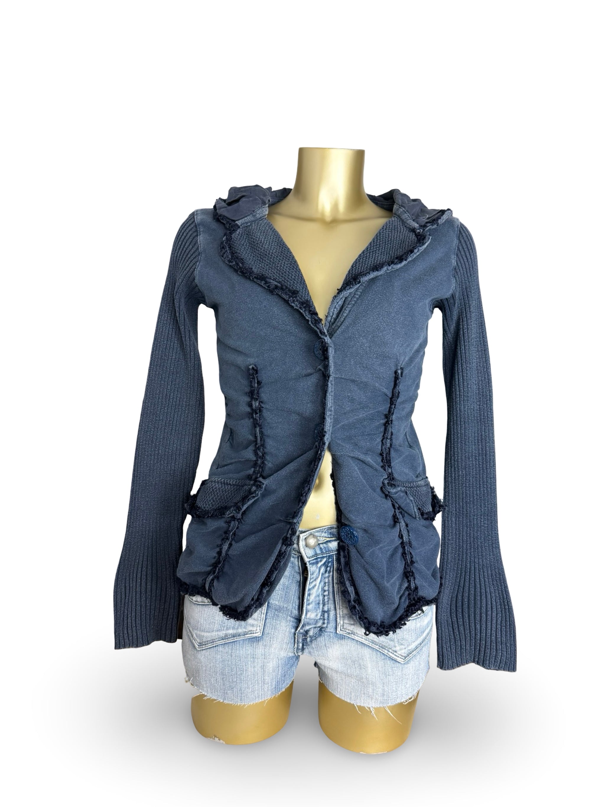 Navy blue ruched cotton blazer jacket (M)