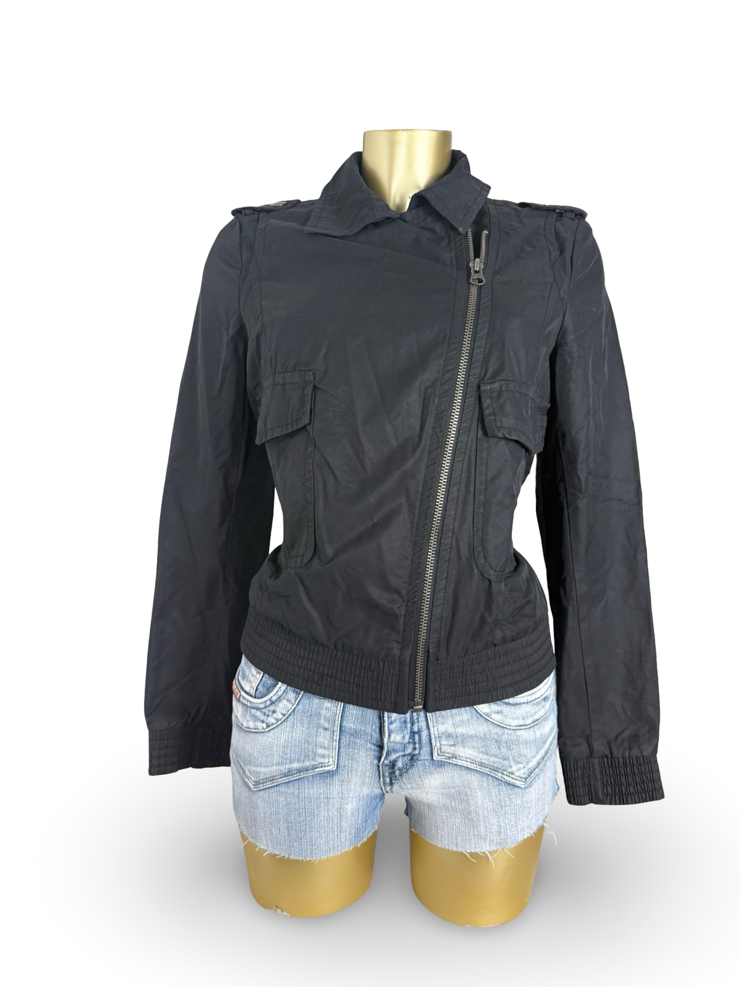 Black cotton zip up biker jacket (S)