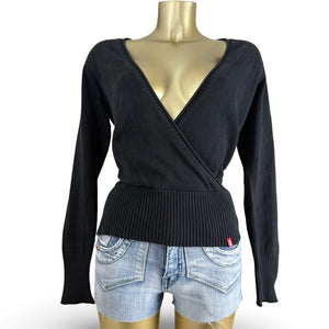 Black 100% cotton V neck tight fit wrap cardigan jumper (M)