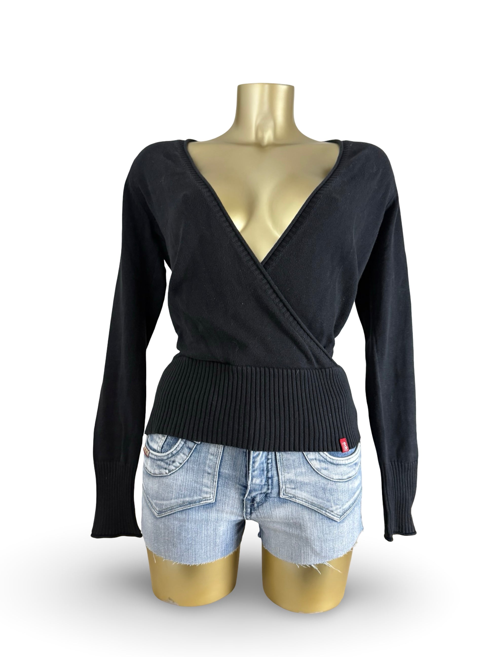 Black 100% cotton V neck tight fit wrap cardigan jumper (M)
