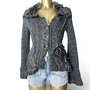 Grey zip up embroidered wool cardigan jacket (S/M)