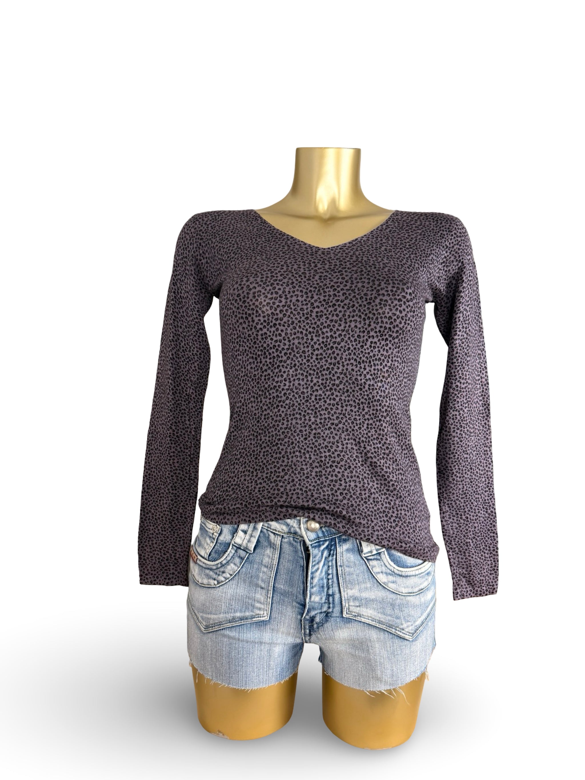 Purple panther print cotton V neck jumper (S/M)
