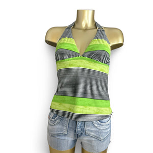Lycra green striped backless buckle halter top (S)