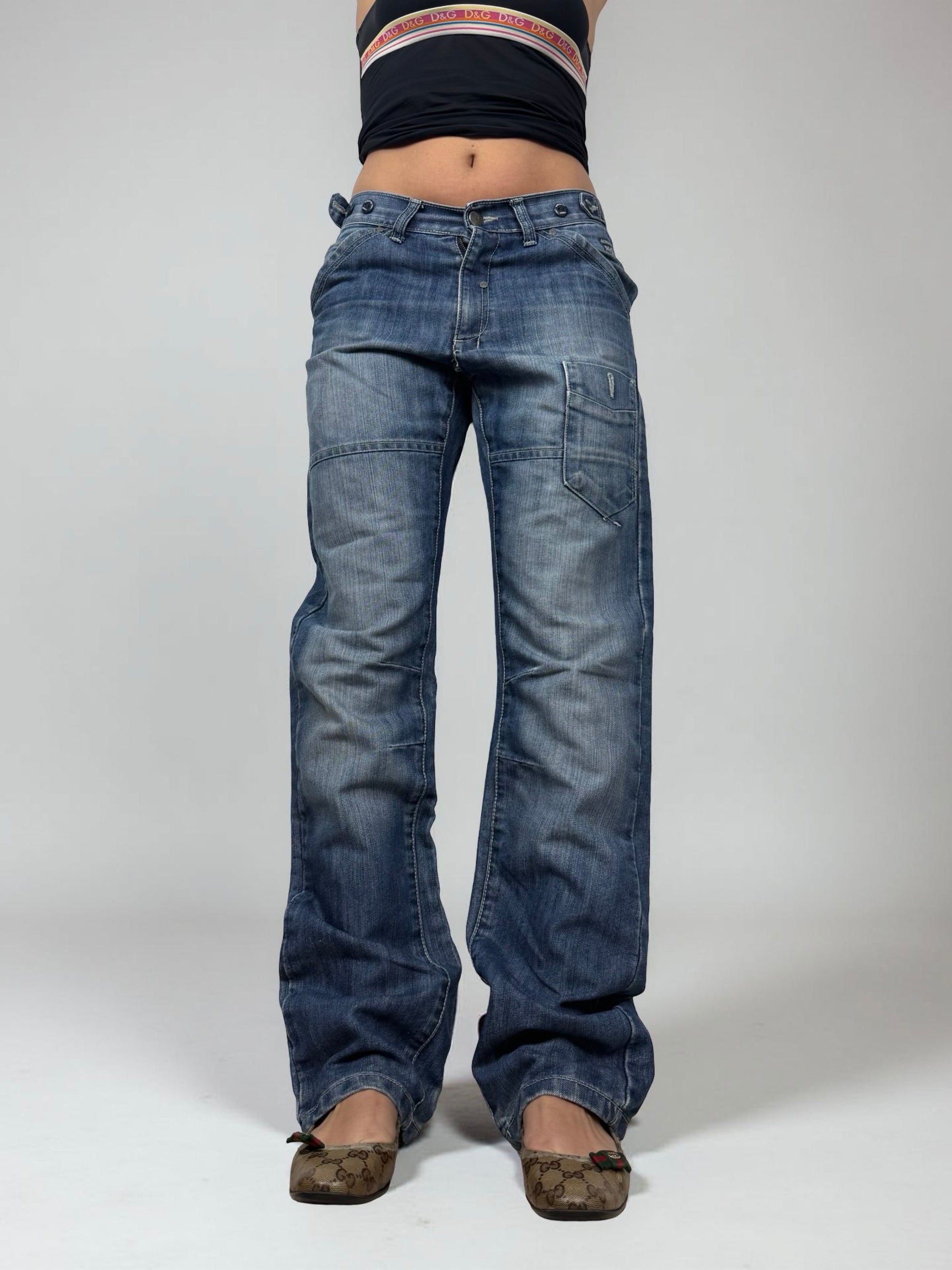 Blue denim low rise baggy pants (M)