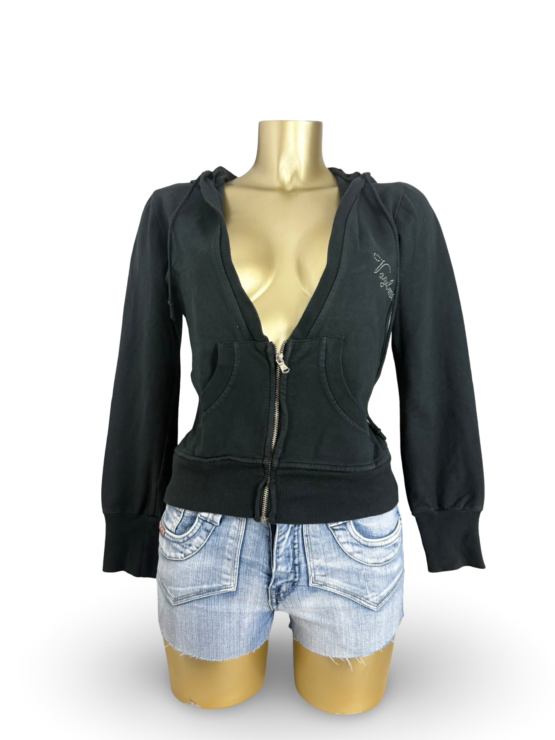 Black zip up 100% cotton hoodie (S/M)