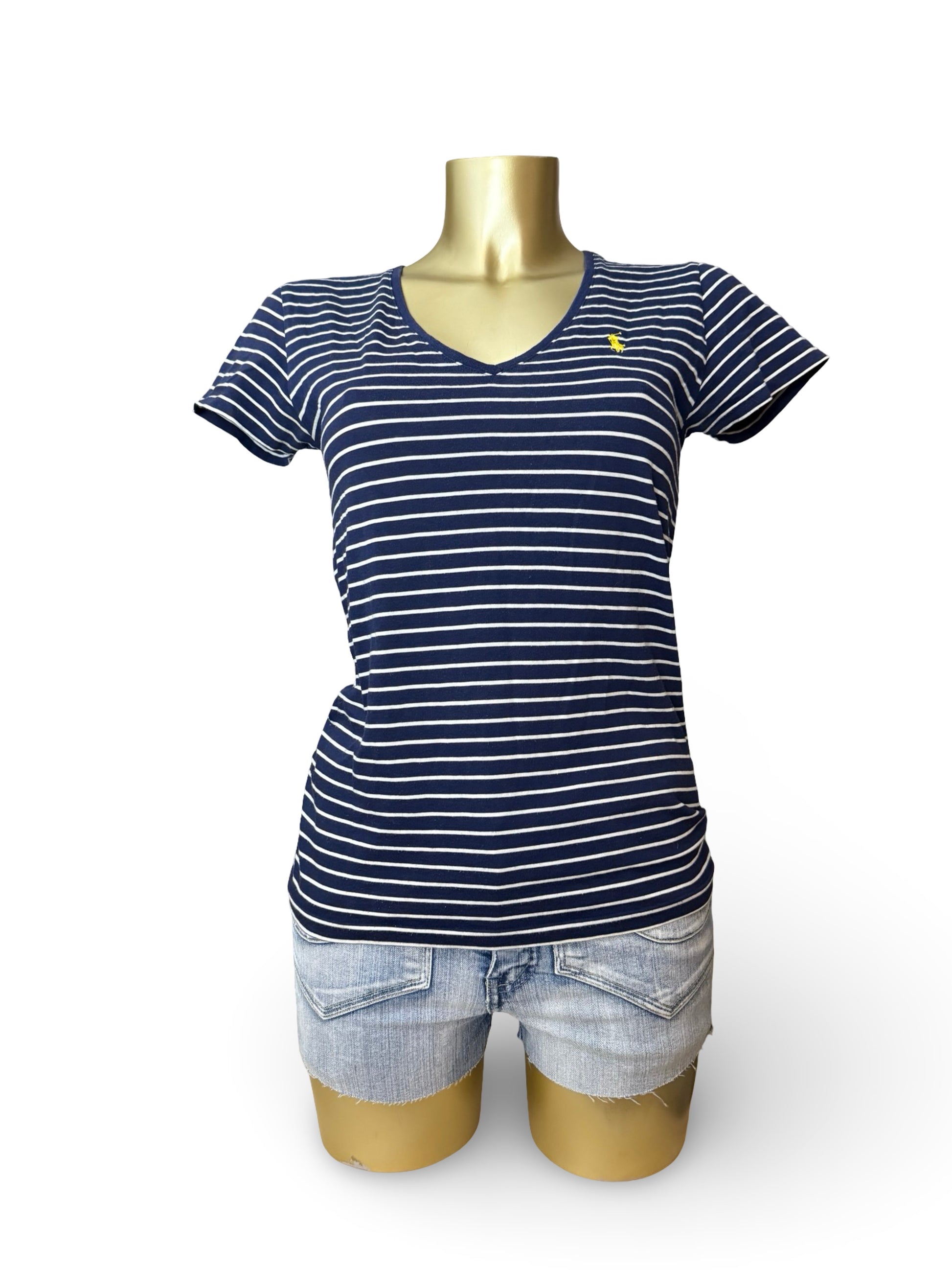 Navy striped cotton V neck tight fit tee (S)